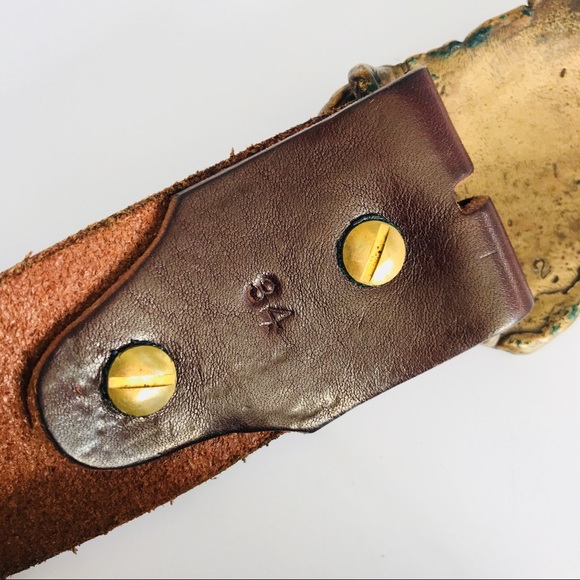 Vintage JB - crystallized gold - brass buckle brown leather belt sz 34 - Picture 10 of 12